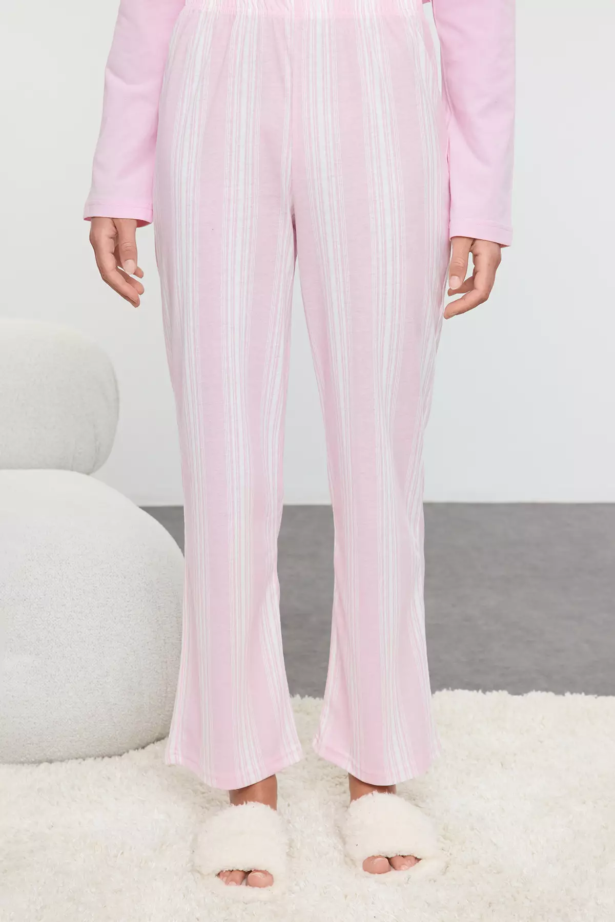 Pink 100% Cotton Striped Knitted Pajama Set Thmaw25Pt00188