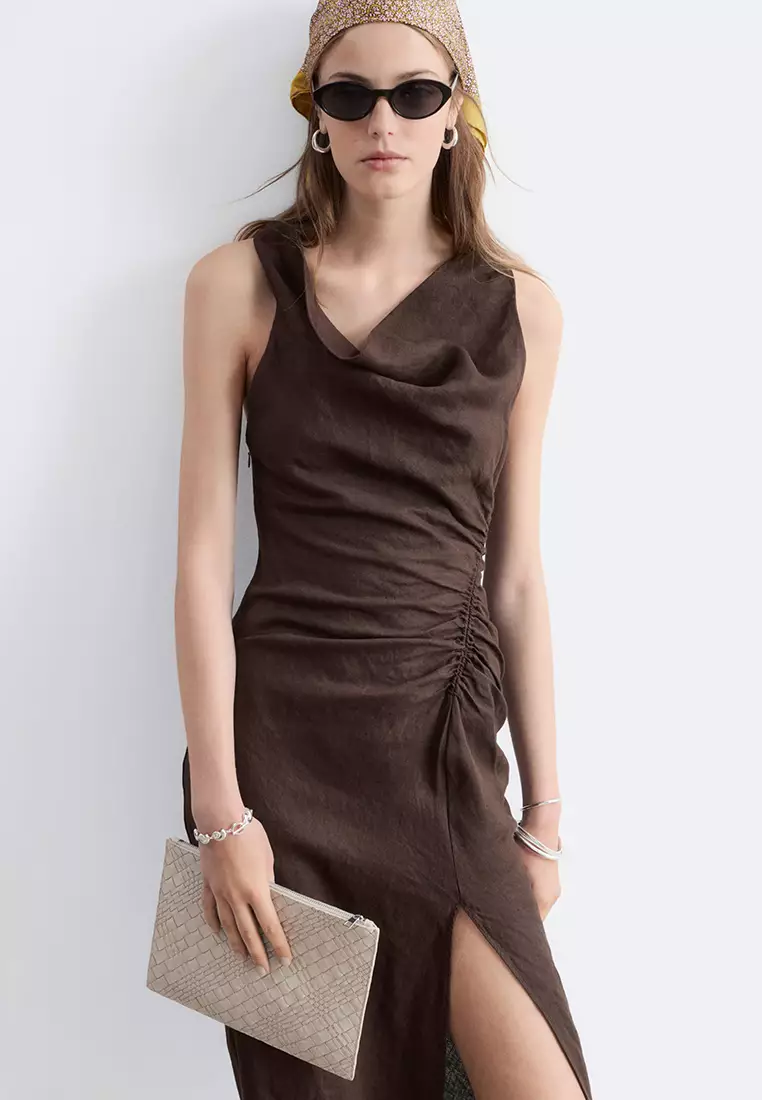 Twist-Strap Linen Midi Dress