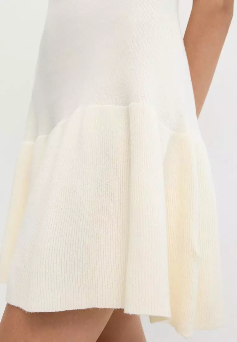 Contrast Trim Button-Up Knit Dress - Ivory