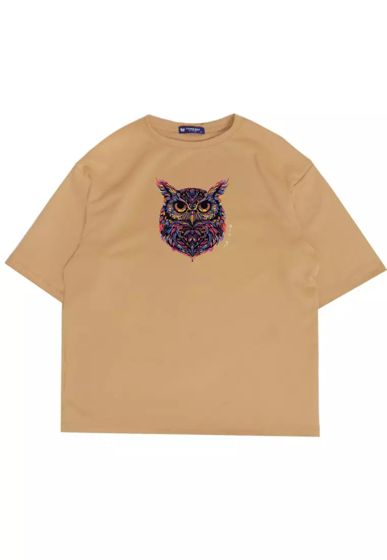 MTV79 Kaos Oversize Gambar Burung Hantu Owl Bahan Tebal Scuba "owl katakana" Khaki