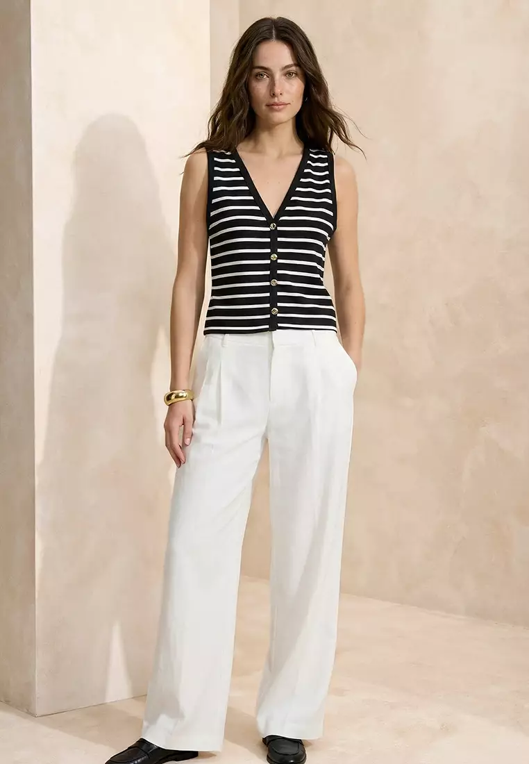 V-Neck Buttoned Sleeveless Interlock Knitted Top