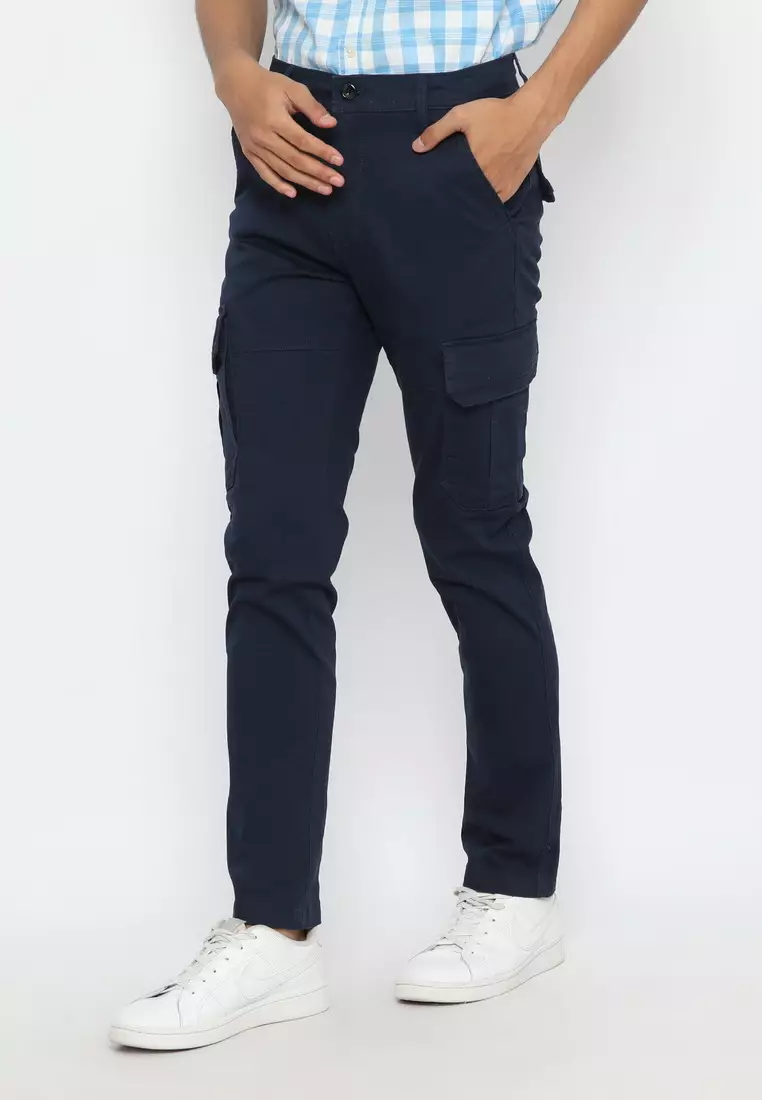 POLICE Celana Cargo Panjang Biru Tua Slim Fit Pria