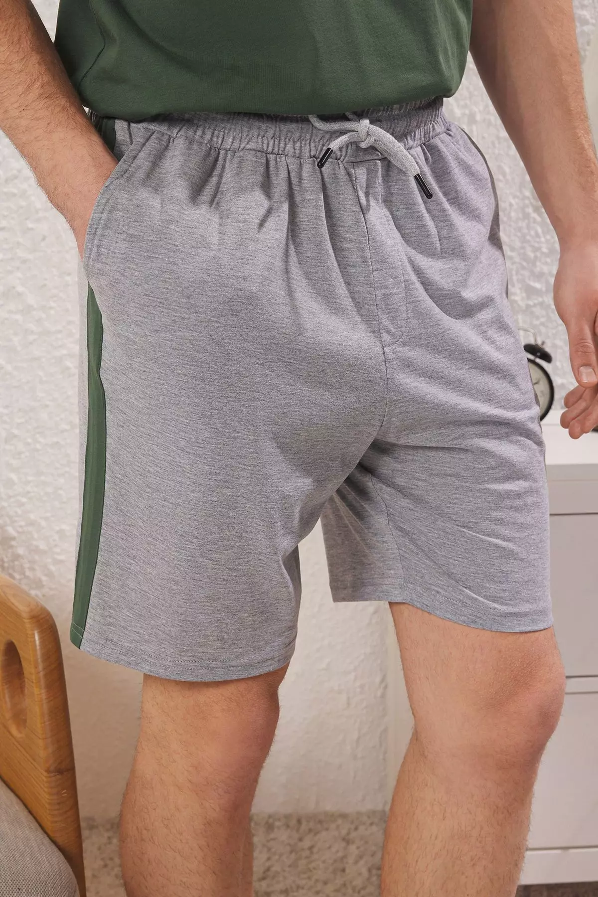 Green Regular Fit Paneled Knitted Shorts Pajama Set TMNSS25PT00035