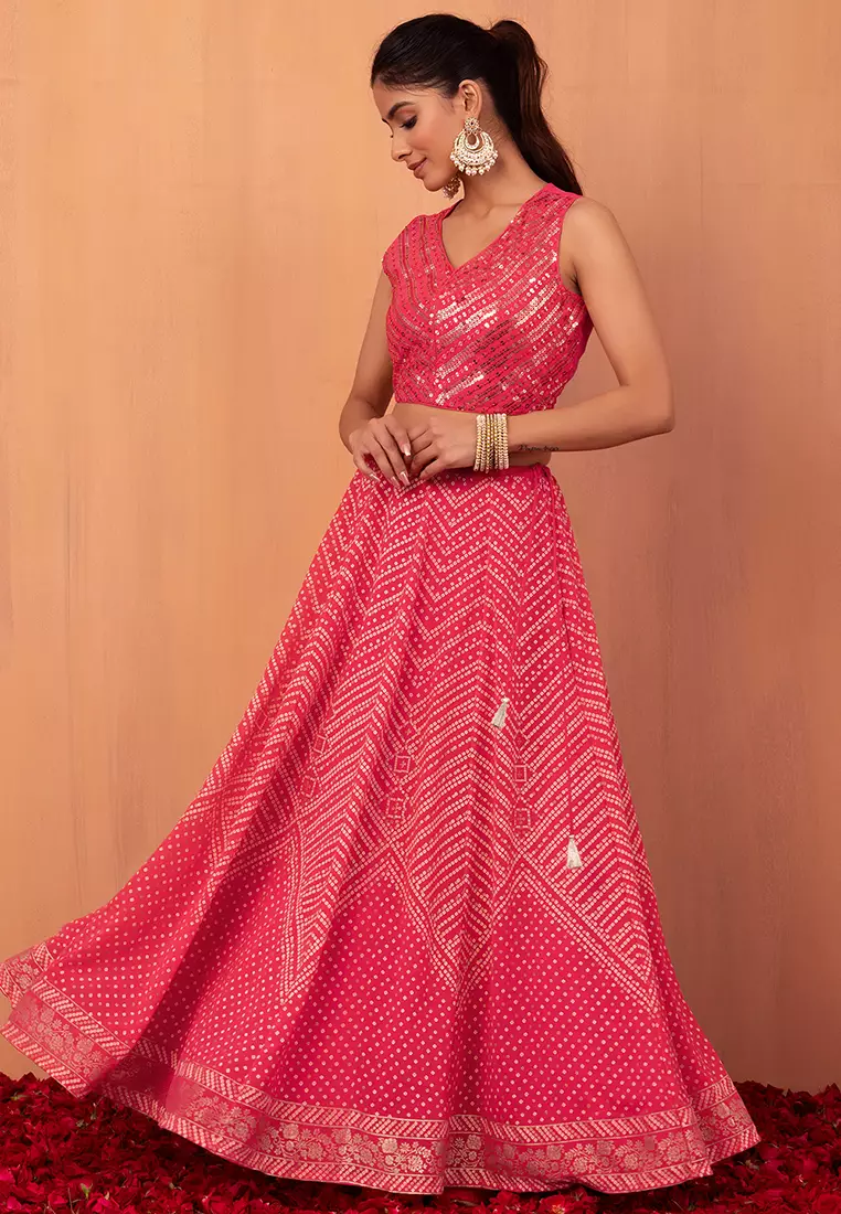 Hot Pink Bandhani Print Kalidar Lehenga Skirt