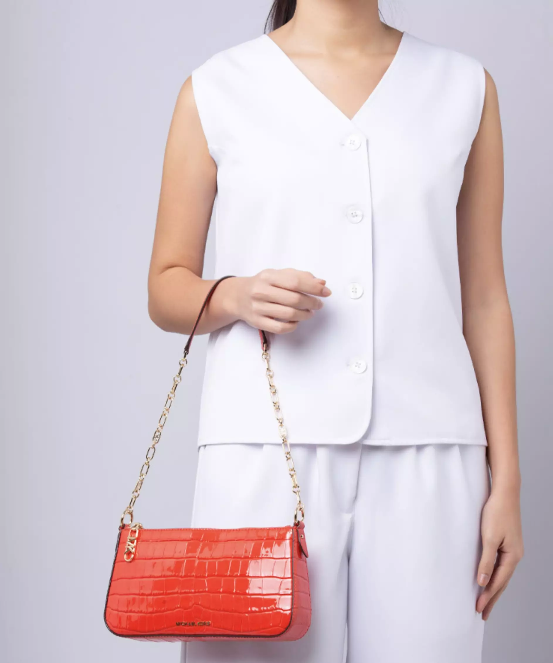 Michael Kors Empire Chain Pouchette Leather Line Medium Size - Red