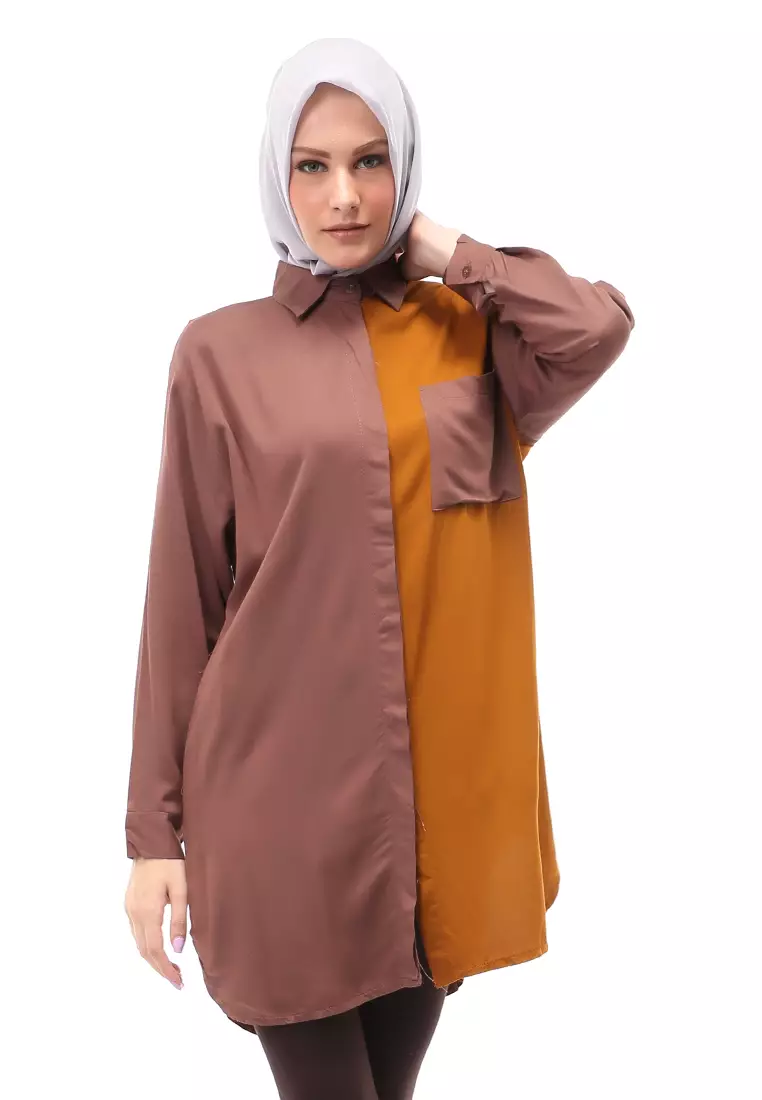 Azika Tunik Muslimah Atasan Wanita Dual Tone Color Relaxed Fit - Brown 003