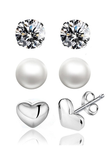 YOUNIQ silver YOUNIQ Basic CZ Pearl 925 Sterling Silver Earrings Set- 3 Pairs in 1 Set 25A7AAC412B405GS_1