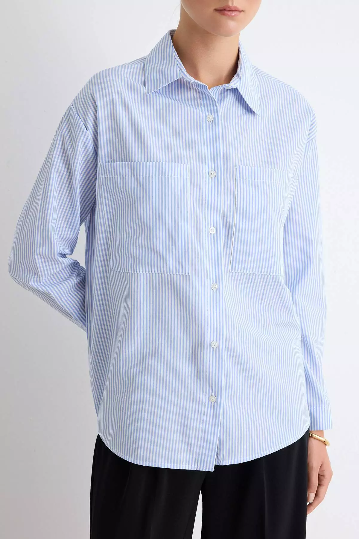 Blue Striped Pocket Detail Oversized/Wide Fit Woven Shirt