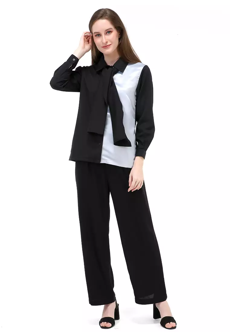 Caliya Blouse Long Sleeves Wanita Motif Polos Atasan Wanita Casual - Grey