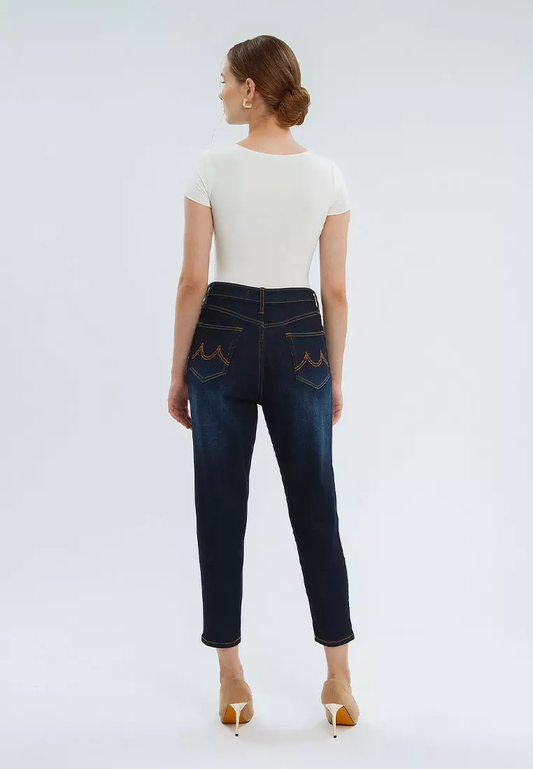 Minimal 305 High waisted Cropped MOM Jeans DARK BLUE Warna DARK BLUE