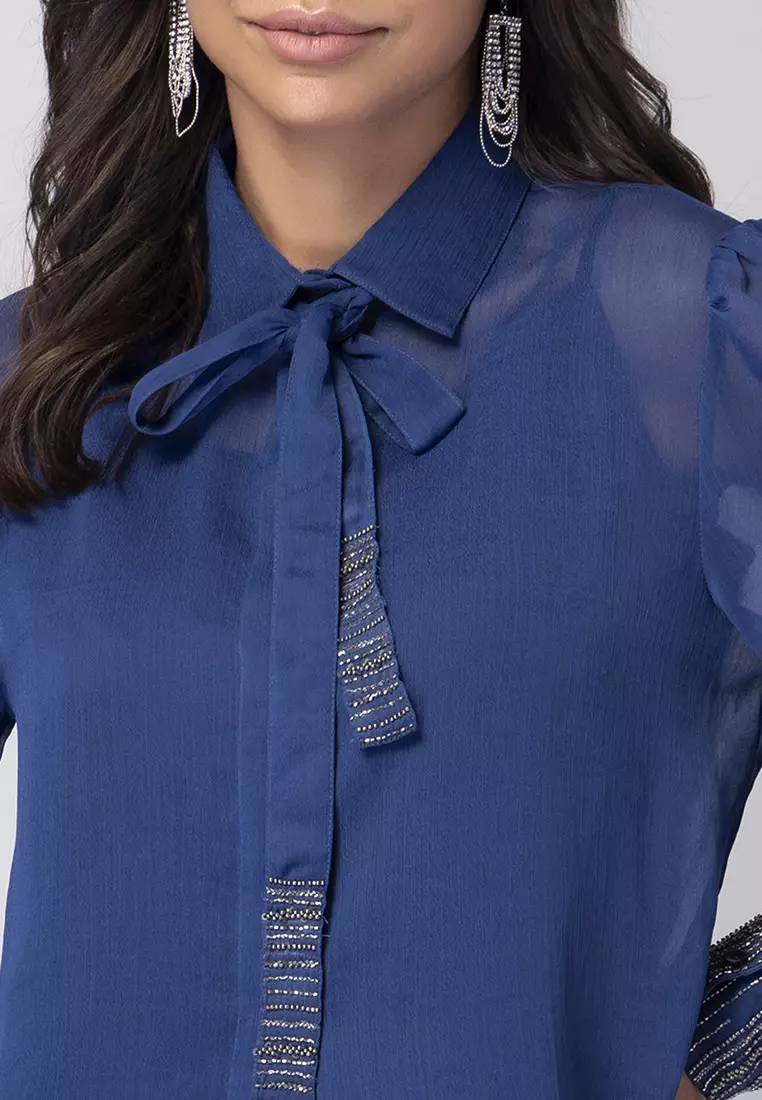 Blue Embellished Bow Collar Shirt