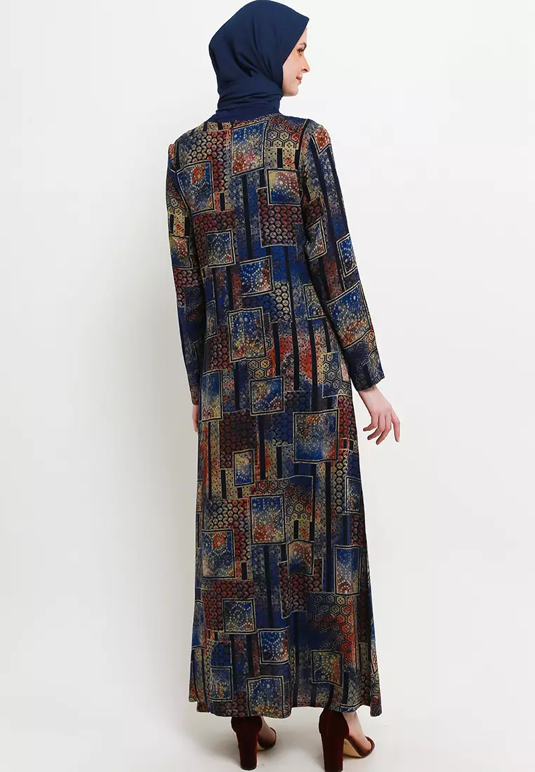Mahira Maxi Dress In Blue Black Print W/ Mask