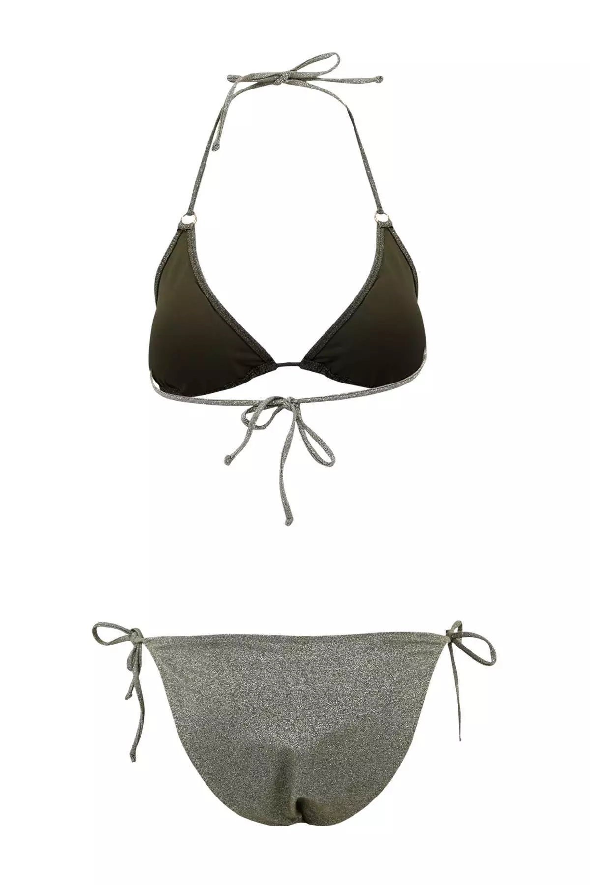 Khaki Glitter Triangle Covered Buckle Regular Waist Regular Bikini Set Tbess26Bt46