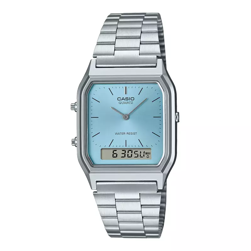 Jam Tangan Unisex Casio General AQ-230A-2A1MQYDF AQ230 AQ-230A Vintage Digital Analog Blue Dial Stainless Steel Band