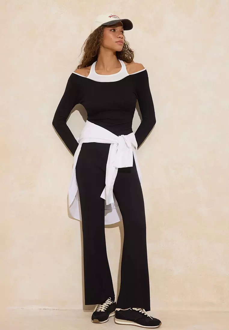 Buy Trendyol Black Color Block Fitted/Fitted To The Body Flared Cotton ...