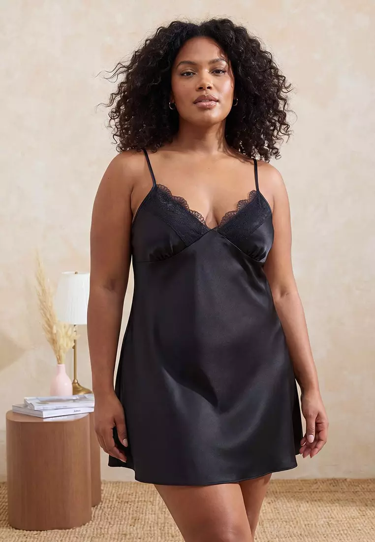 Black Satin Woven 2-Piece Set Dowry Set Plus Size Nightgown Tbbss26Ch00003