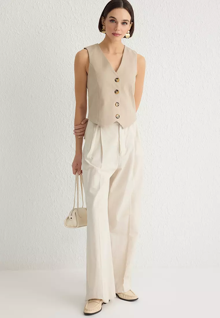 Beige Fitted Buttoned Crop Woven Vest