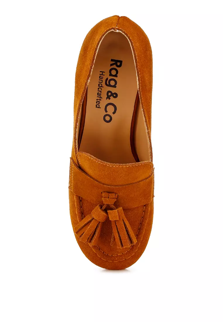 Tassels Detail Suede Loafers in Tan