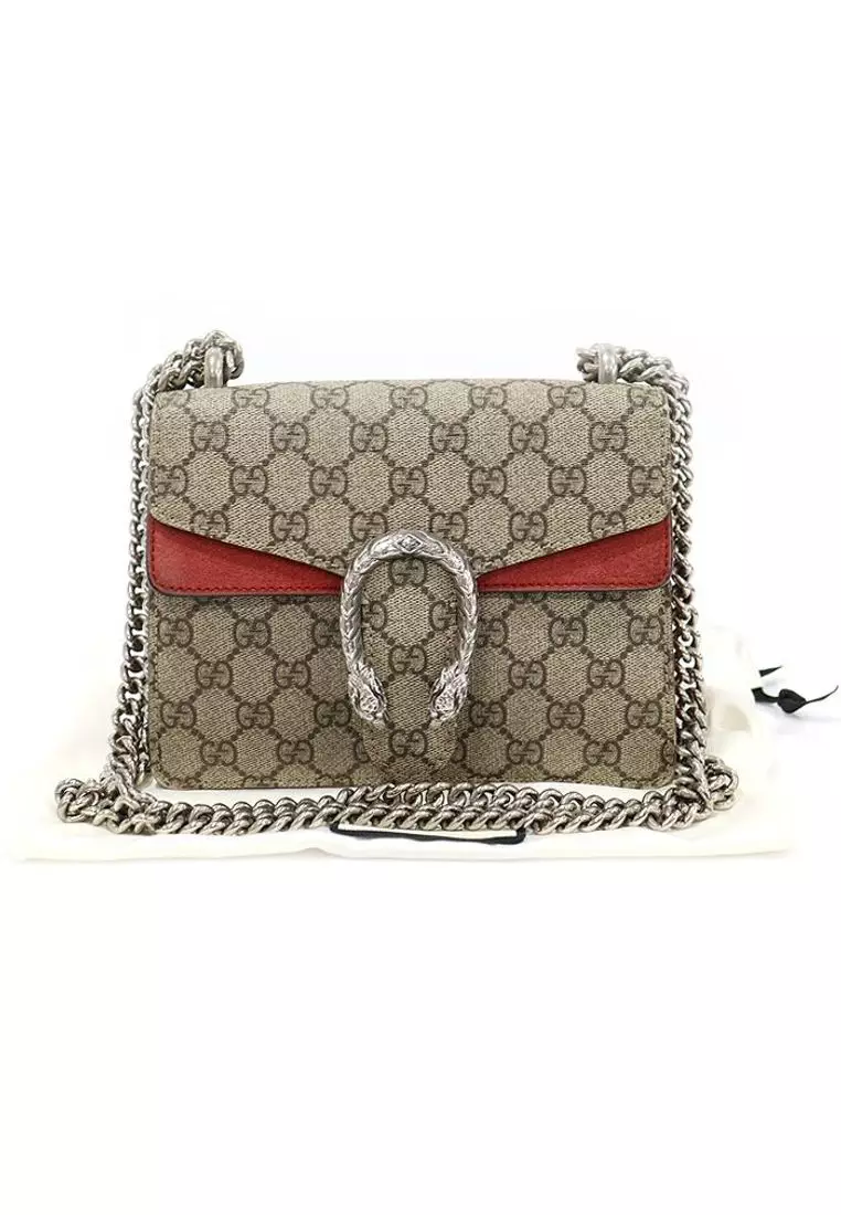 二手 GG Supreme 帆布紅色麂皮 Dionysus 迷你鏈單肩包