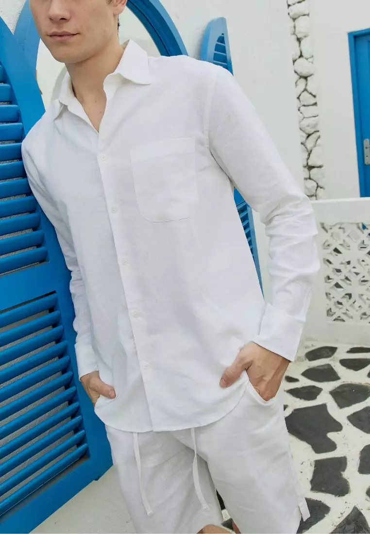 Winter Setelan Kemeja Celana Linen Set Pria Putih | Linen Set Men White