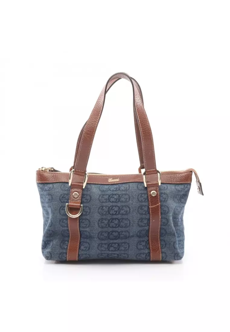 Pre-Loved Gucci Abby Interlocking G Handbag tote bag denim leather Navy Brown