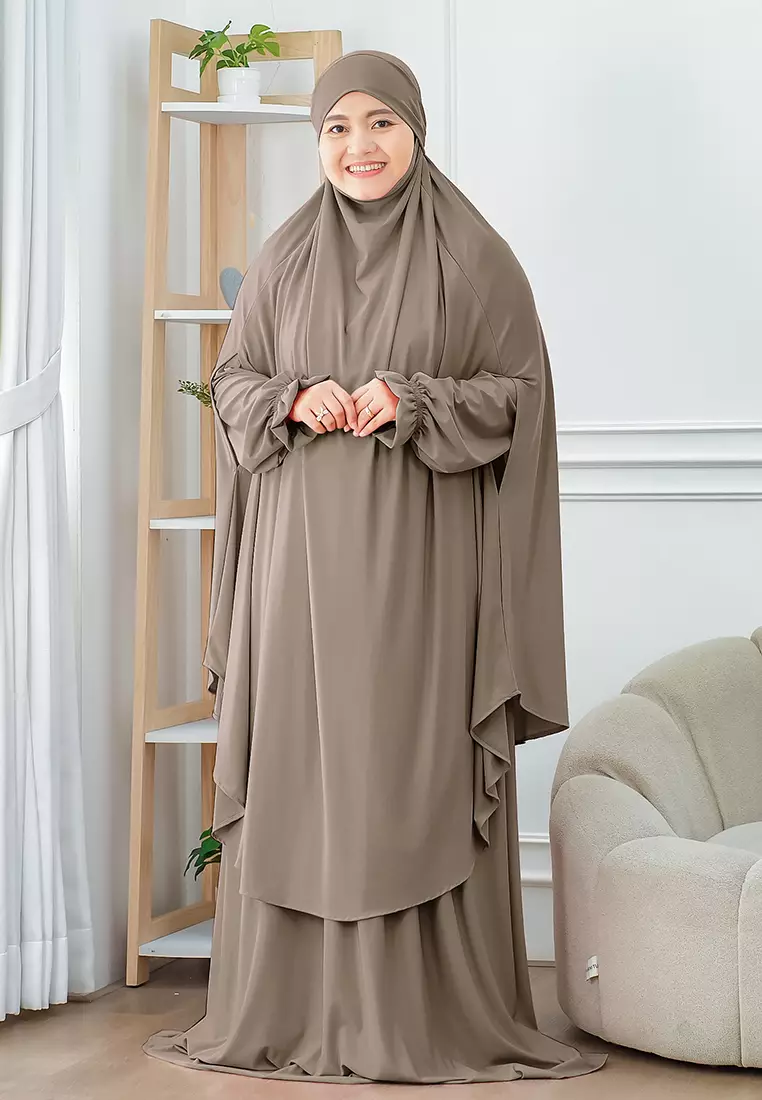 Wafa French Khimar Set | One Set Dress Abaya Syari - Toffee Nut - XL