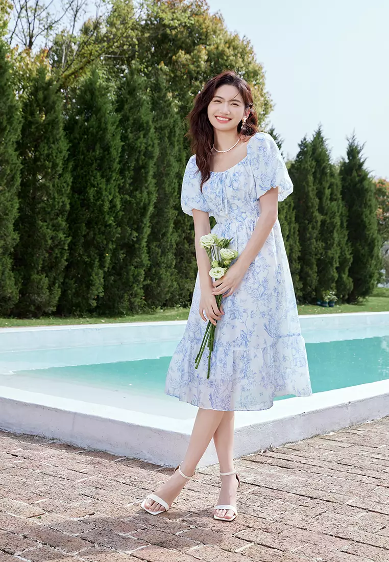 Square Neck Puff Sleeve Blue Floral Summer Dress
