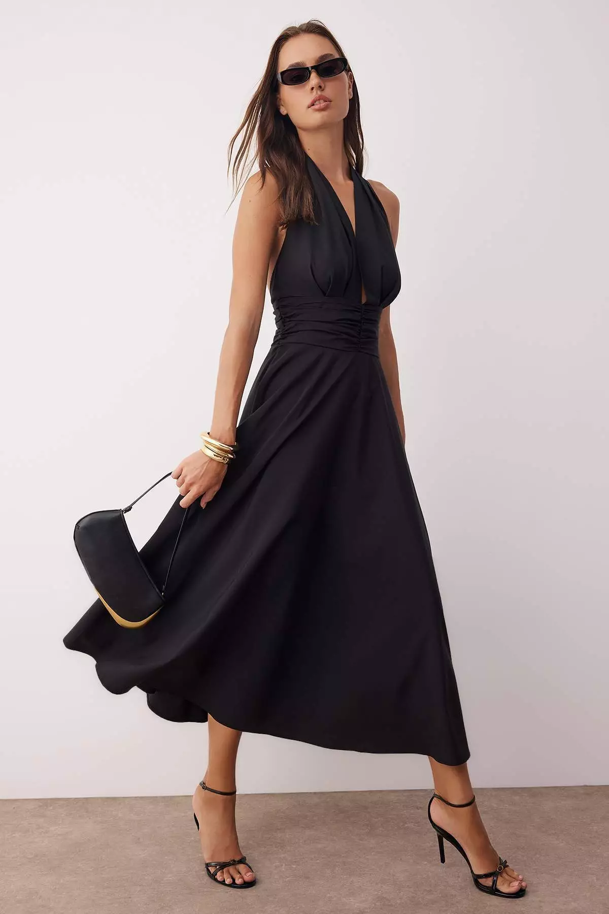 Black Low-Cut Halter Neck Poplin Lined Woven Dress