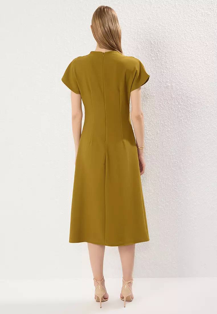 Oil Green A-Line Cowl Neck Midi Crepe Woven Dress TWOAW25EL00393