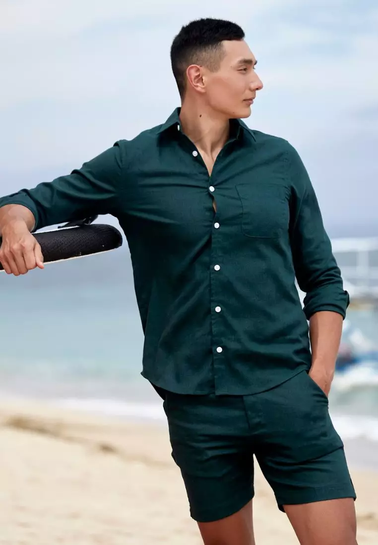 Emerald Kemeja Linen Pria Lengan Panjang Hijau | Long Sleeves Linen Shirt Men Green
