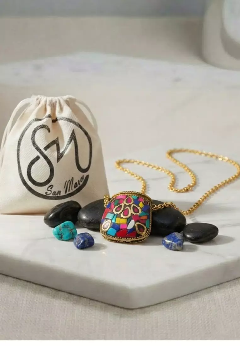 San Marco Kalung Wanita Women's Accessories Inlay GemStones Boho Style Storage Locket Necklace Gold & Multi