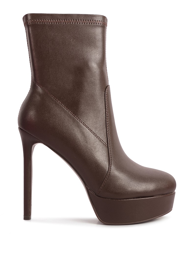 Brown Stretch PU High Heeled Ankle Boot