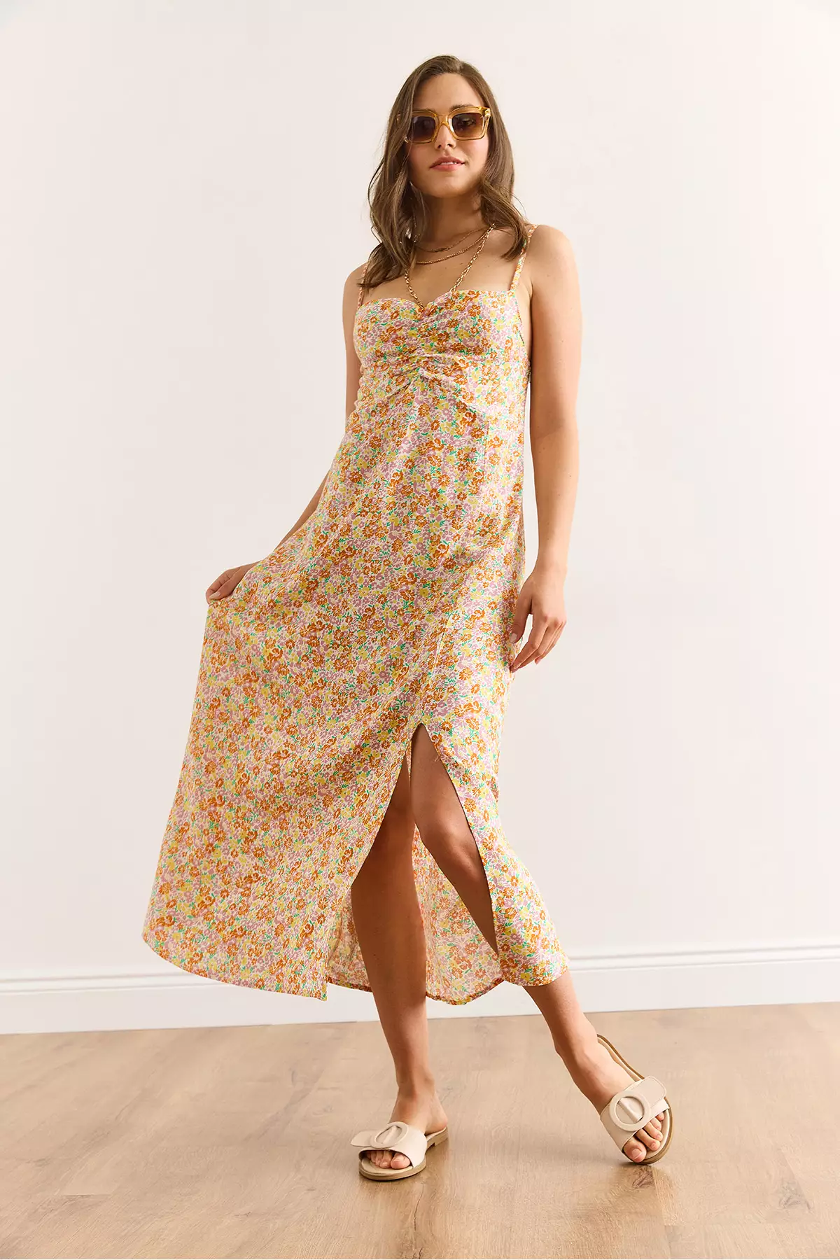 Women's Yellow Orange Strap Adjustable Front Gathered Woven Viscose Dress Elb-19002438