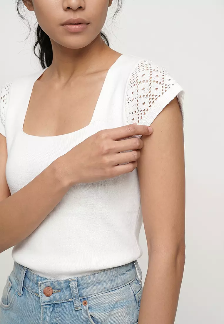 Women's White Square Neck Openwork Summer Knitwear Blouse
