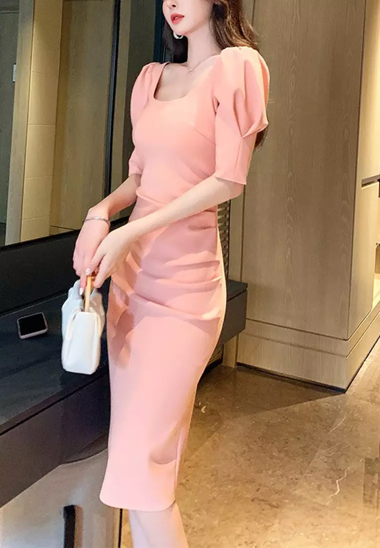 Buy Twenty Eight Shoes Puff Sleeve Open Back Bodycon Dress
