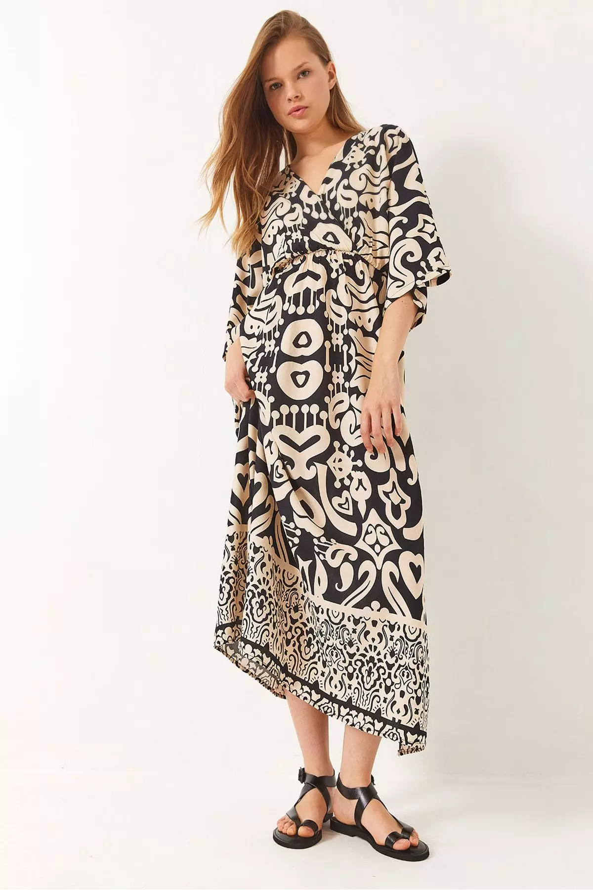 Women's Double Breasted Collar Patterned Slit Detail Woven Viscose Dress 60284018