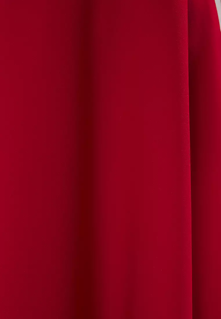 Red A-Line Strap Detailed Woven Midi Chic Evening Prom Dress TPRSS24EL00251