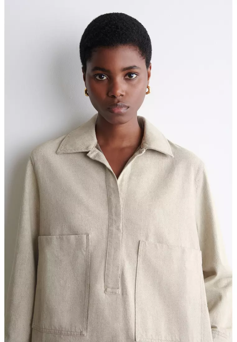 シャツ/ブラウス(長袖/七分) Stand Collar Shirt Dress Beige Men's +J Supima® Cotton Oversized Stand Collar Long-Sleeve Shirt