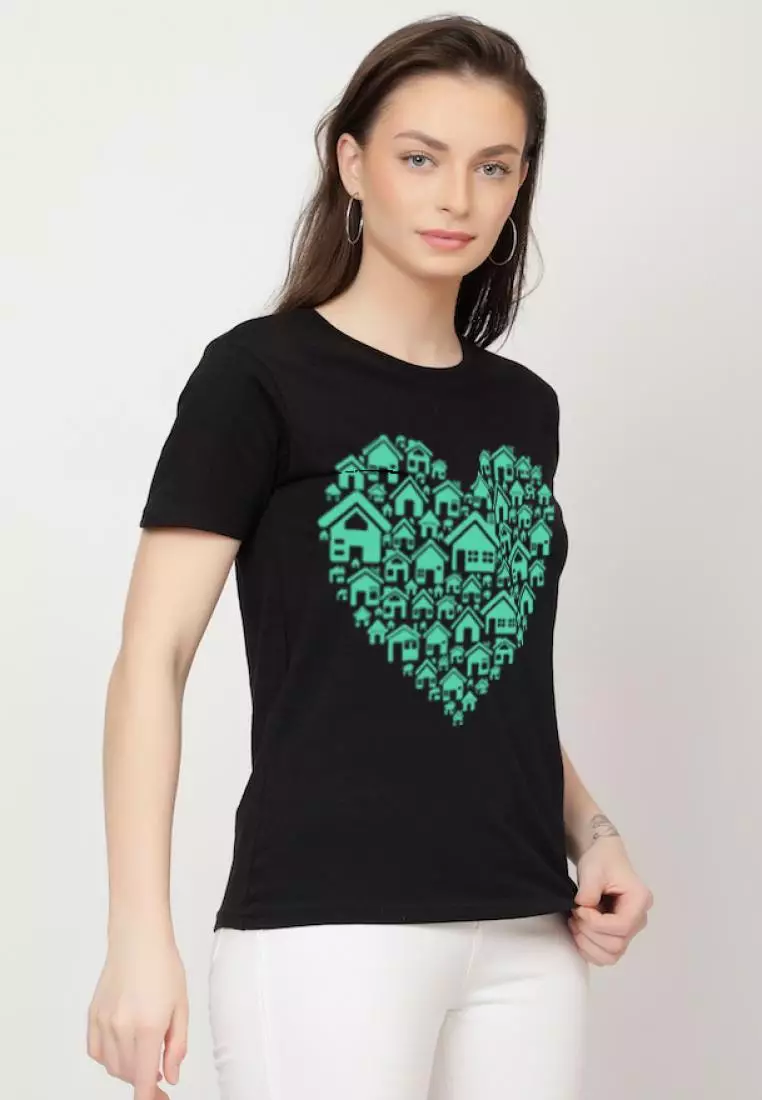 Heart Design Relaxed Short Sleeve Stylish Black Cotton Casual Graphic Print Tee/TShirt