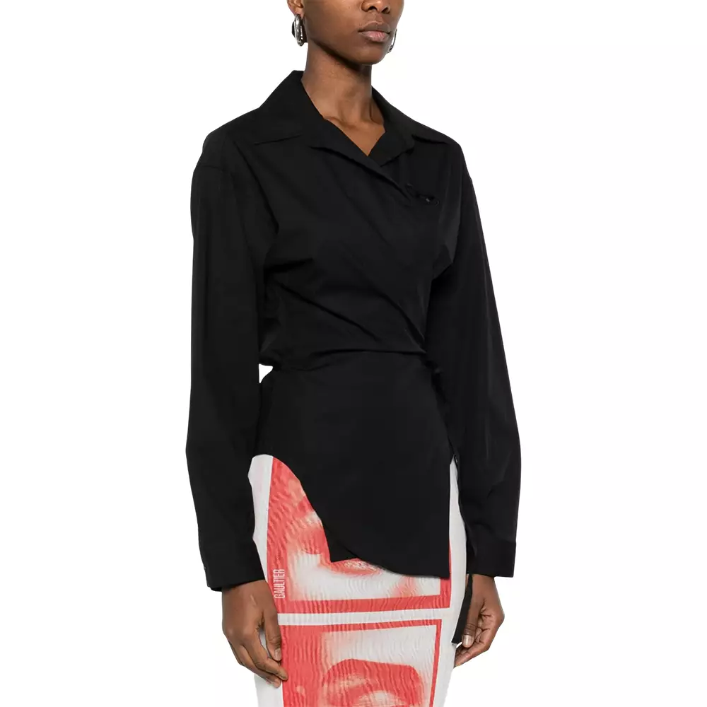 C-Delphos-S1 Tie-Detail Collared Shirt Black