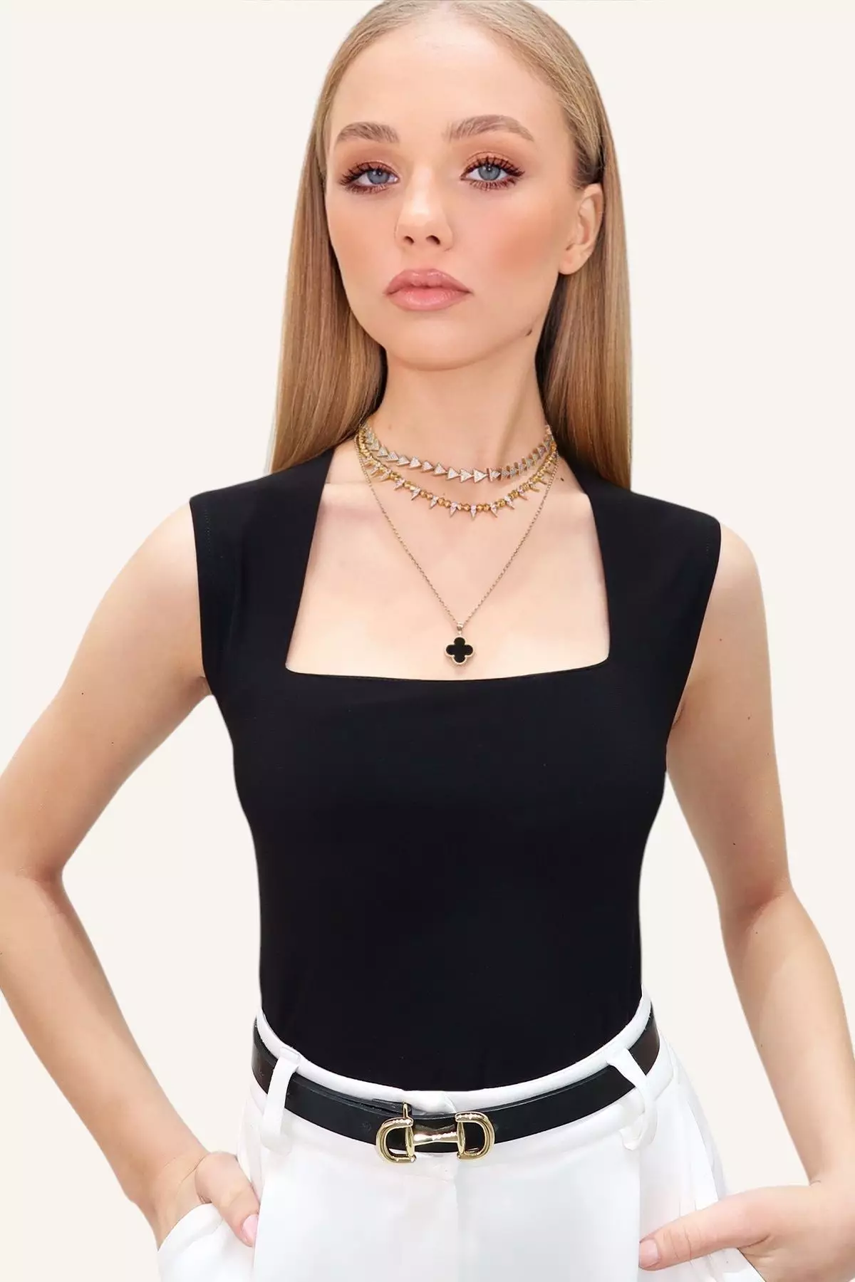 Women's Black Square Neck Thick Strappy Sandy Blouse