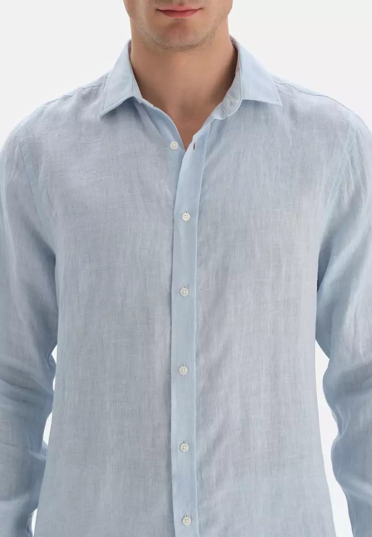 Light Blue Shirts, Shirt Collar, Long Sleeve Beachwear for Men