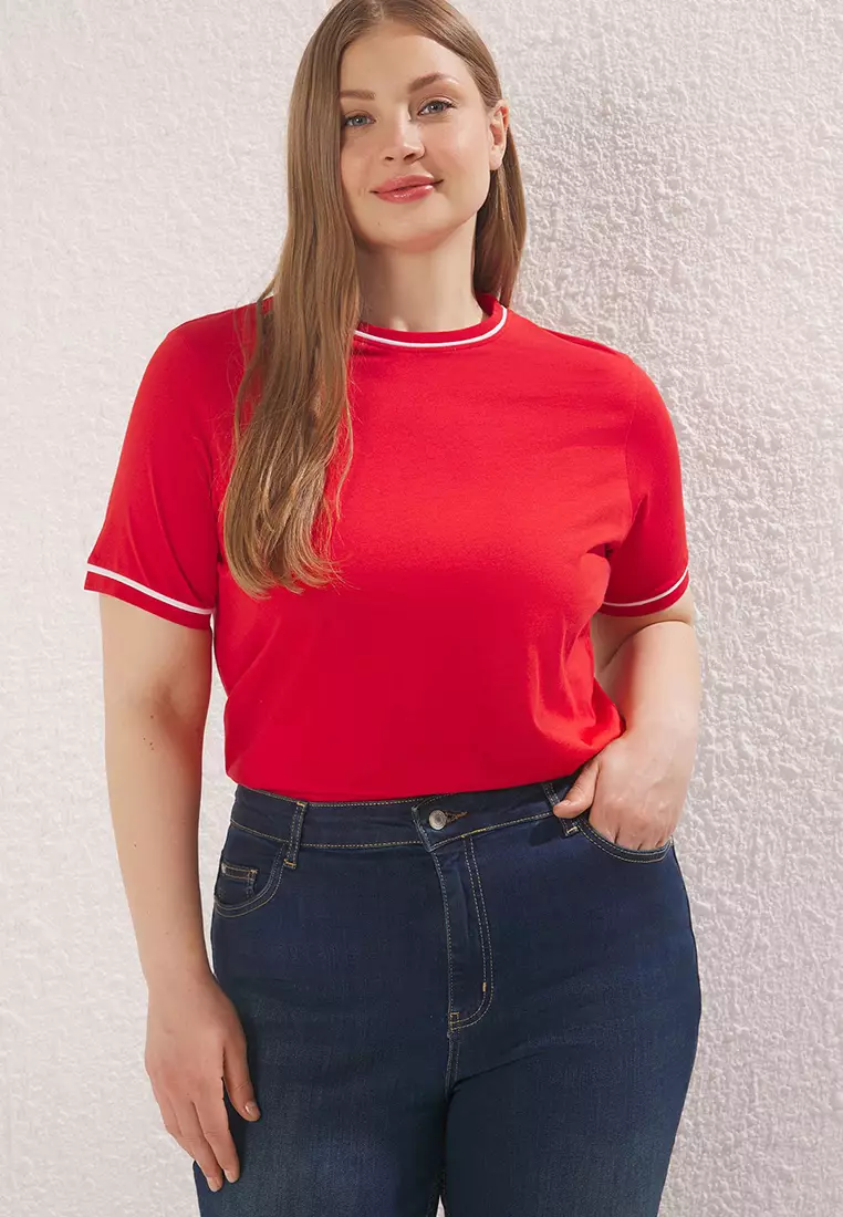 Buy Trendyol Red Crew Neck with Piping Detail Basic Plus Size T-shirt ...
