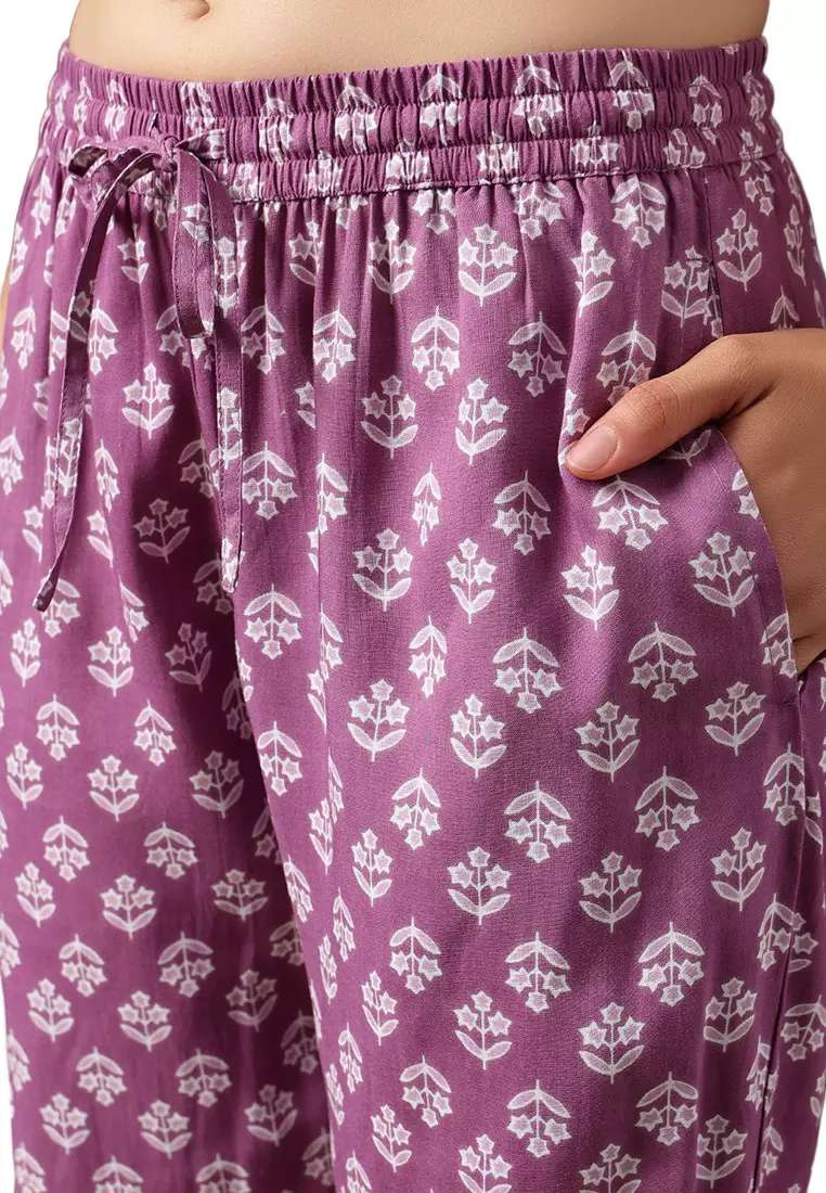 Clovia Floral Print Button Down Night Suit in Aubergine Colour - Rayon