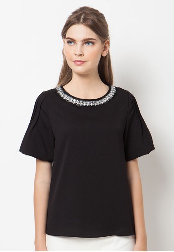 Diamon Necklace Puff Sleeves-Black