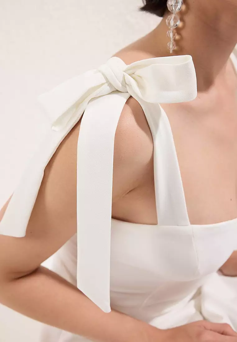 White A-Line Strap Binding Detail Woven Midi Stylish Evening Dress Night Graduation Dress Tprss24El00251