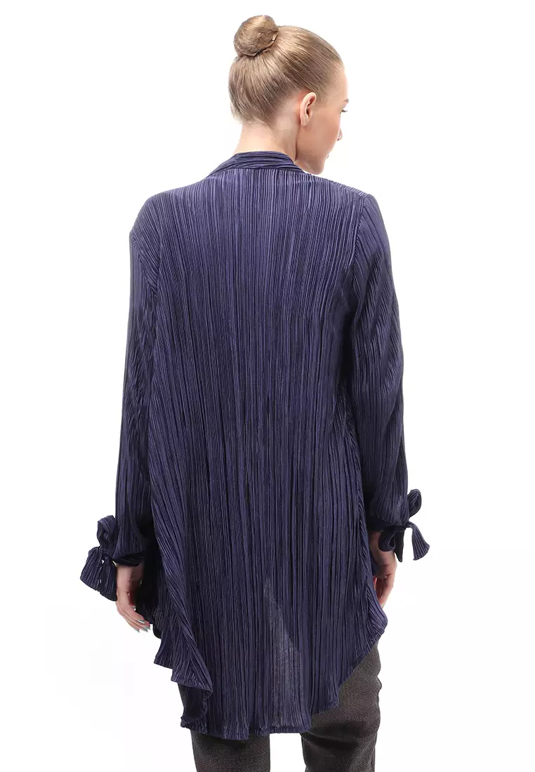 Sunniva Outerwear Wanita Long Sleeves Motif Plisket Model Asimetris Relaxed Fit - Navy
