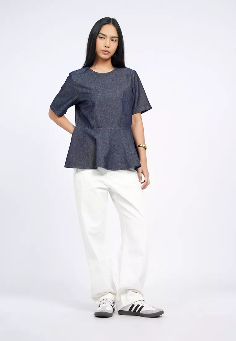 Round Neck Peplum Denim Top