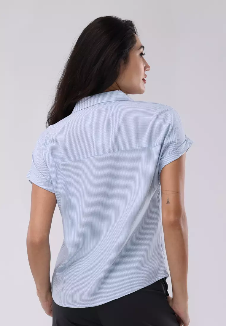 Woven Stripes Short Sleeves Collared Blouse