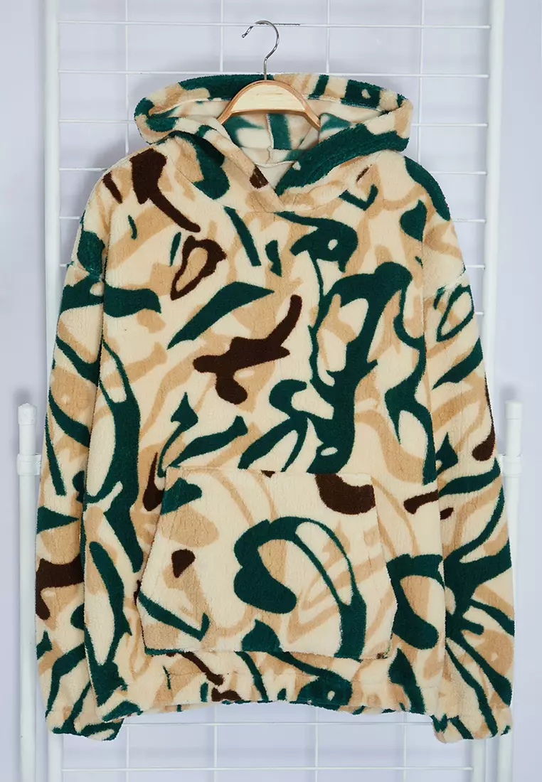 Multicolored Unisex Oversize/Wide Cut Patterned Sherpa Fleece/Plush Hooded Sweatshirt TMNAW25SW00147